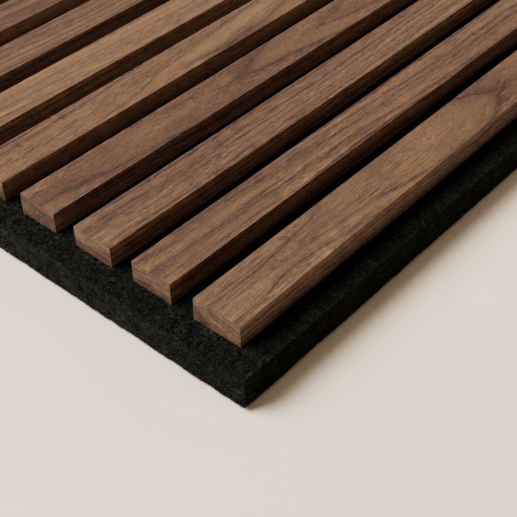 Close view of a Nina Slats panel edge with wood slats on a felt base