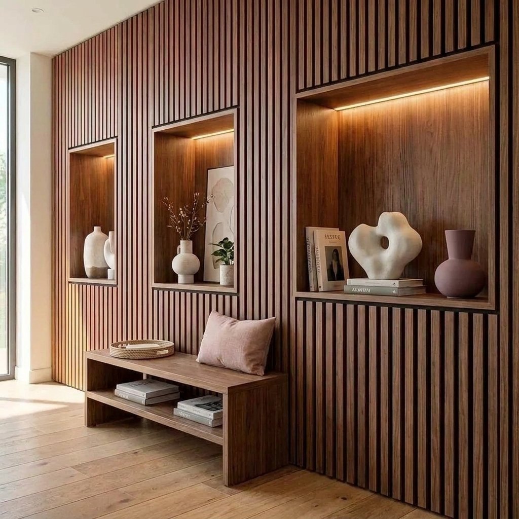 Veneered Slat Wall Panels — 270 × 110 cm (106 × 43 in) — Smoked Oak